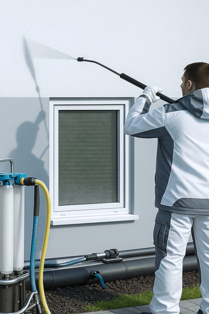 Professionelle Fassadenreinigung und Abwasser aufbereitung.